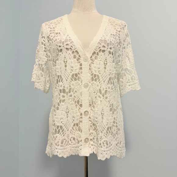 Chico's Tops - Chicos‎ 2 Crochet Lace Alabaster Cardigan Sweater Size 12